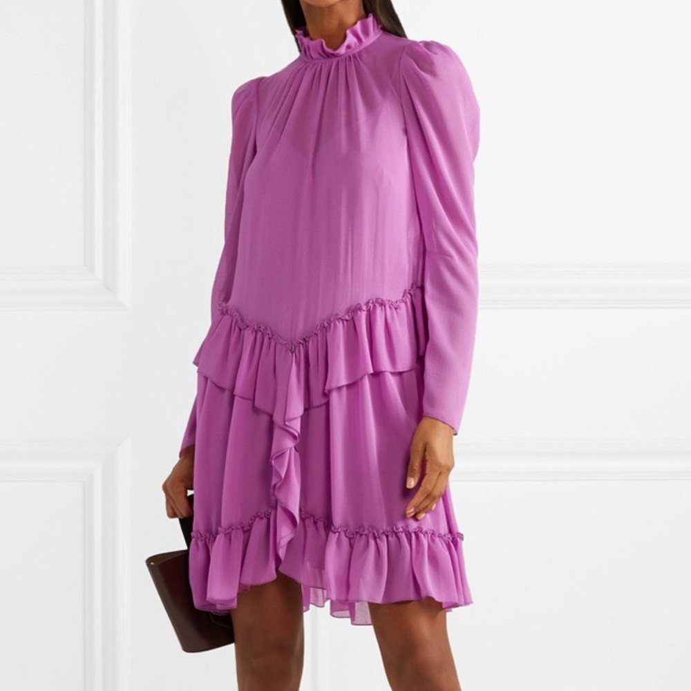 NWT See By Chloe Ruffled Georgette High Neck Dropped Waist Purple Mini Dress 4
